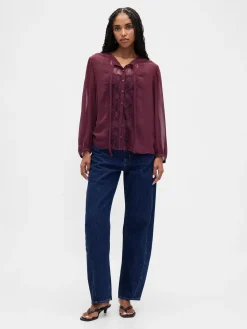 Sheer Recycled Lace Inset Tie-Neck Top