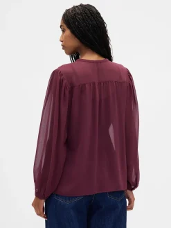 Sheer Recycled Lace Inset Tie-Neck Top