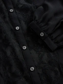 Sheer Recycled Lace Inset Tie-Neck Top