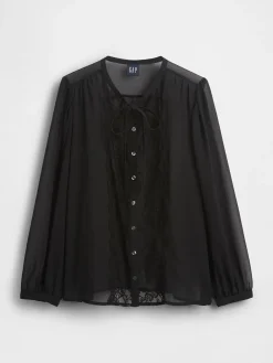 Sheer Recycled Lace Inset Tie-Neck Top