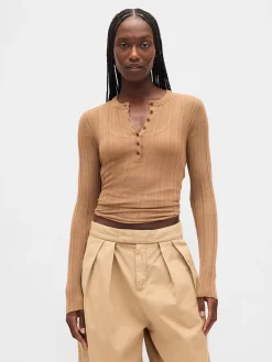 Sheer Rib Henley Sweater