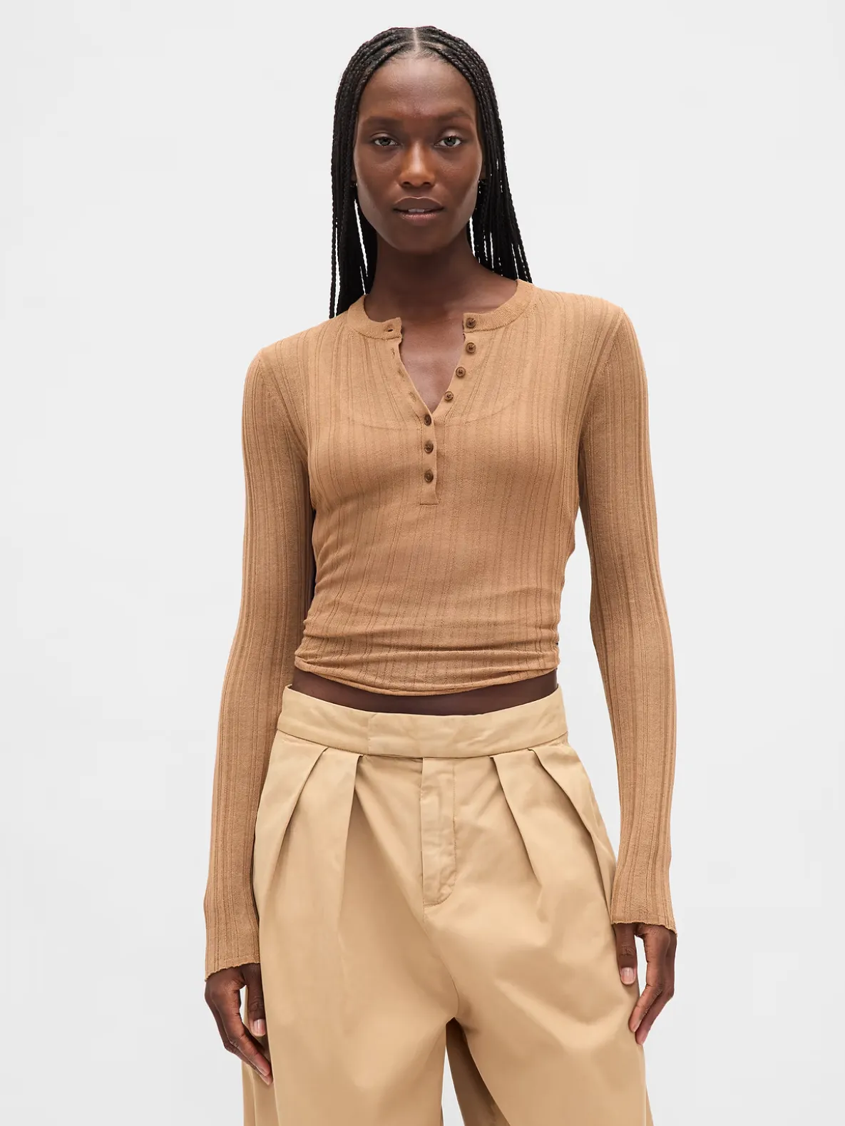 Sheer Rib Henley Sweater