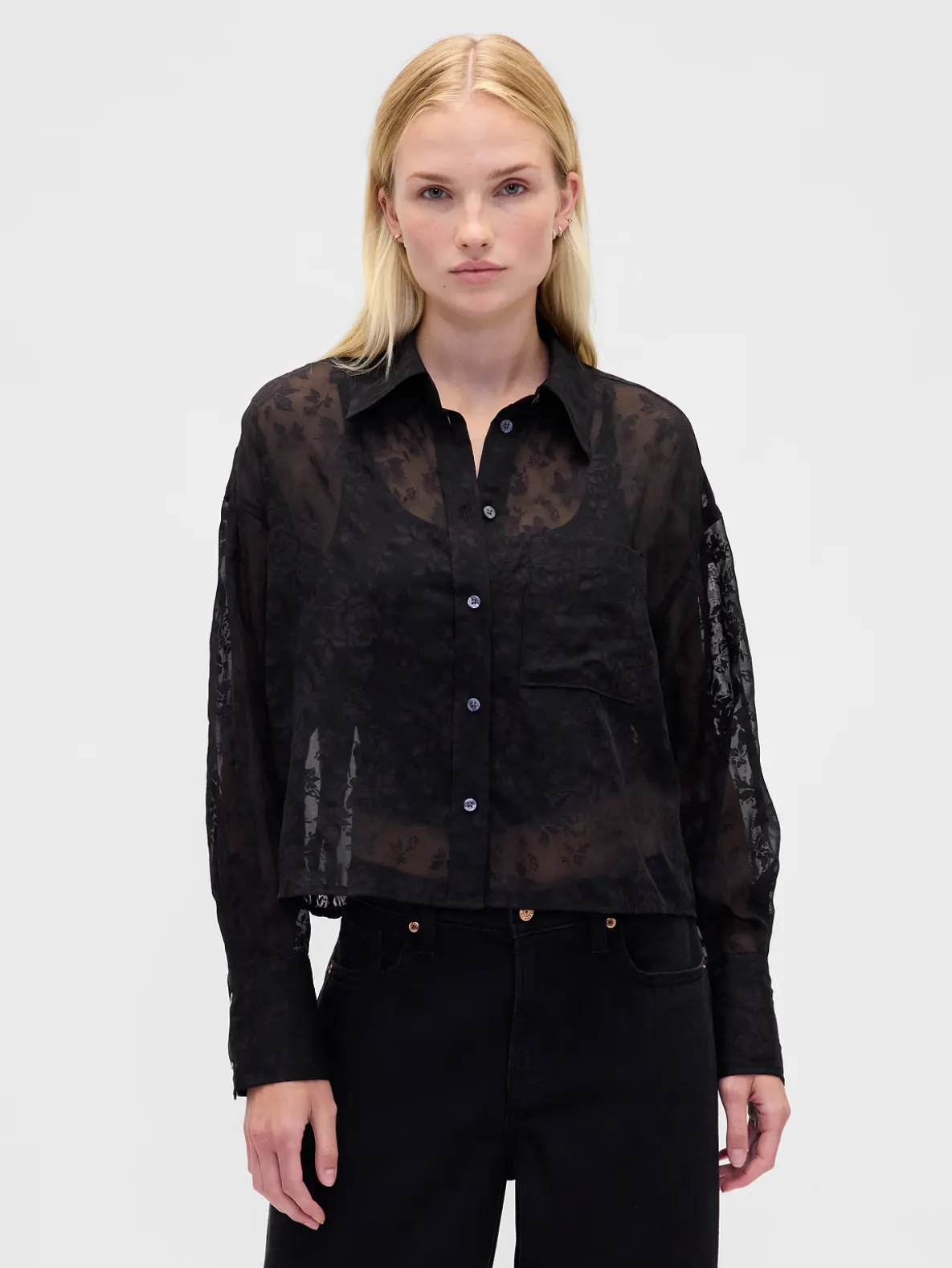 Sheer Straight-Hem Crop Shirt