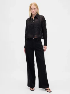 Sheer Straight-Hem Crop Shirt