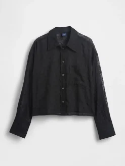 Sheer Straight-Hem Crop Shirt