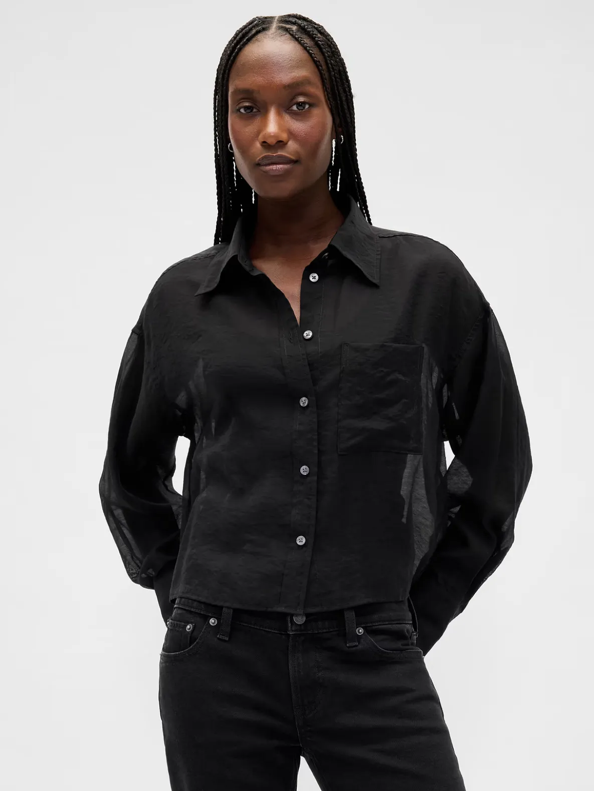 Sheer Straight-Hem Crop Shirt