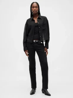Sheer Straight-Hem Crop Shirt