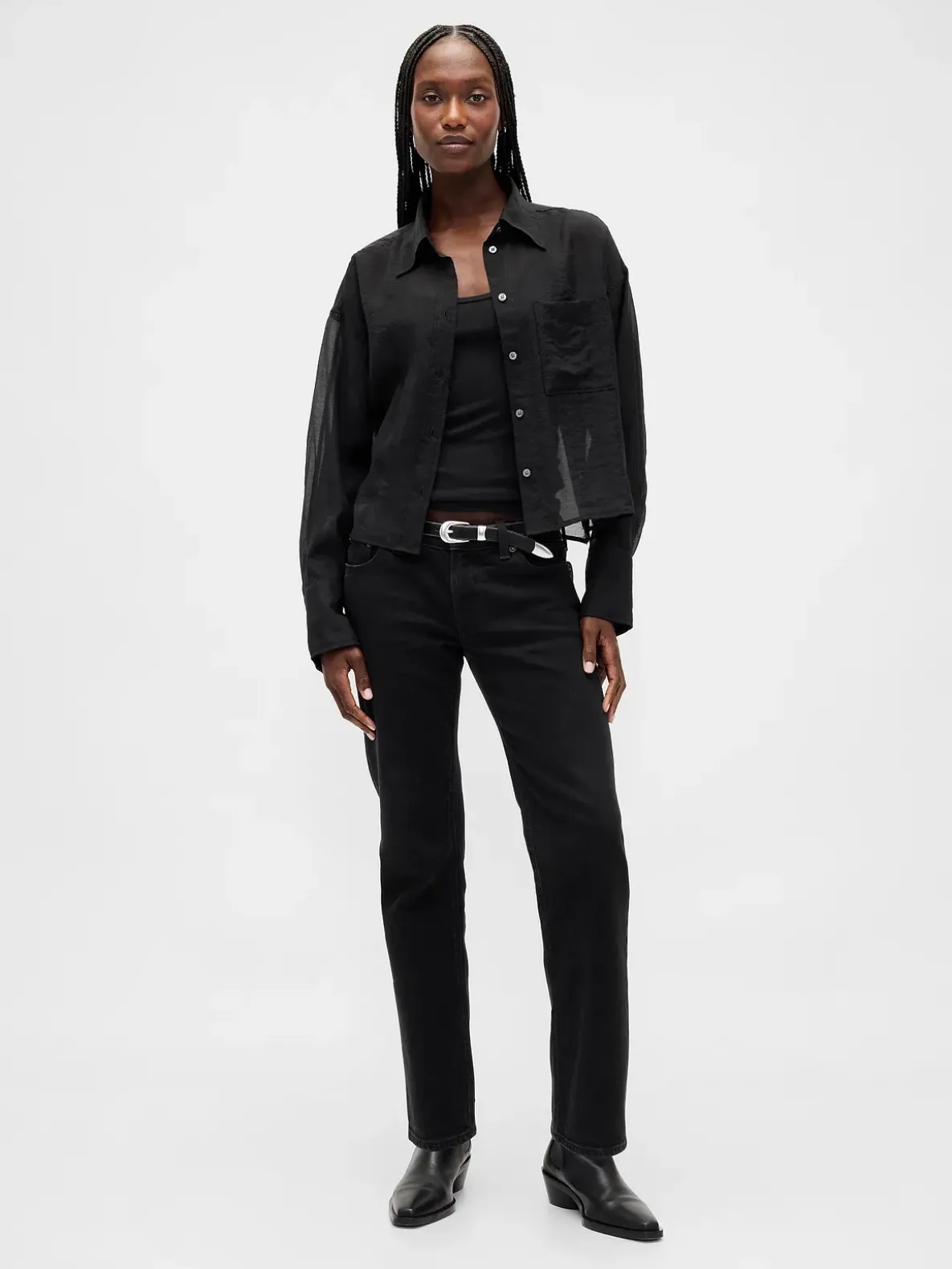 Sheer Straight-Hem Crop Shirt