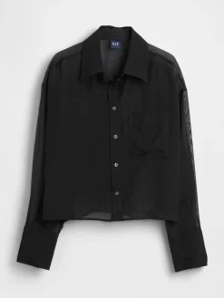 Sheer Straight-Hem Crop Shirt