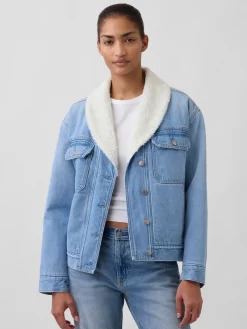 Sherpa-Lined Shawl Denim Jacket