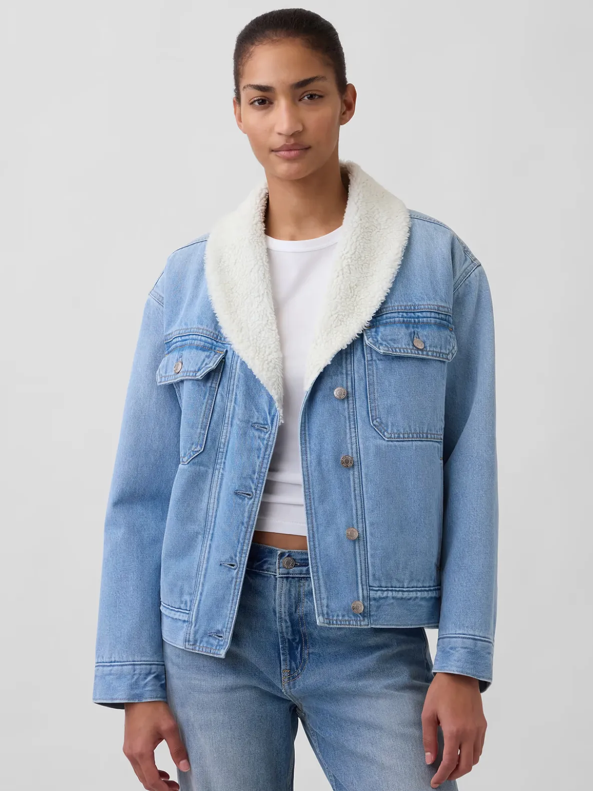 Sherpa-Lined Shawl Denim Jacket