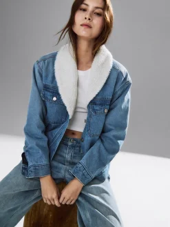 Sherpa-Lined Shawl Denim Jacket