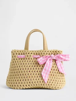 Toddler Gingham Bow Straw Bag