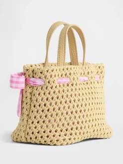 Toddler Gingham Bow Straw Bag