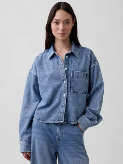 UltraSoft Denim Oversized Straight-Hem Crop Shirt