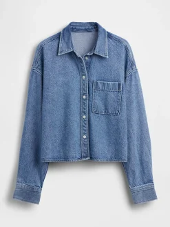 UltraSoft Denim Oversized Straight-Hem Crop Shirt
