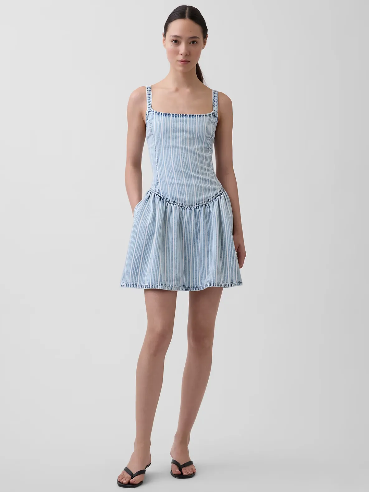 UltraSoft Denim Stripe Drop-Waist Mini Dress