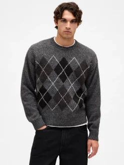 Wool-Blend Relaxed Argyle Sweater